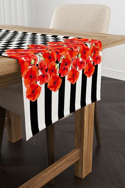 Cango Home Roșu Negru în carouri în dungi cu model floral Runner imprimat digital Cgh1070-rn