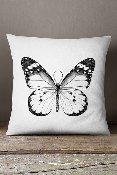 INSENSE HOME Husă de pernă catifea Babyface, albă, neagră, cu figurină de fluture - Cgh143