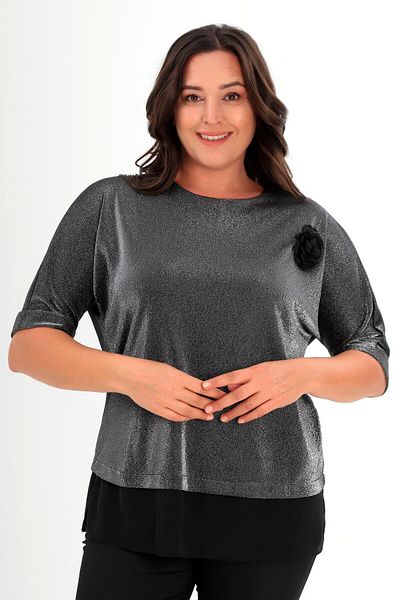 SERTUĞ Trend42Plus Plus Size Black Blouse with Glitter Flower Brooch