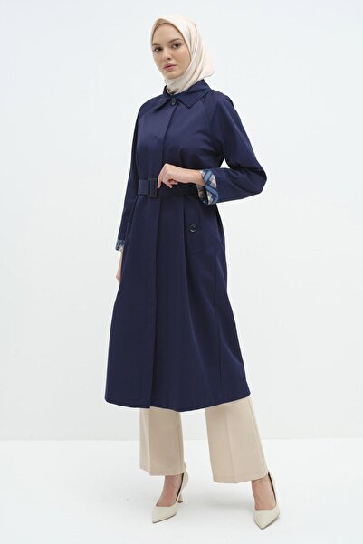 Tuğba Indigo Colored Raglan Double Sleeve Belted Trench Coat