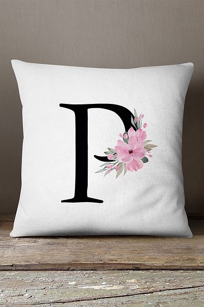 INSENSE HOME Husă de pernă din catifea Babyface, cu două fețe, cu litere florale roz - Litera P