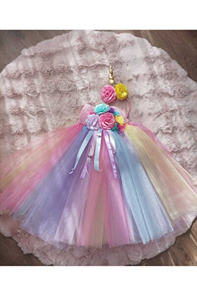 ELALEL TASARIM Elbise Unicorn Elbise+taç Kostüm Uzun Elbise Unicorn Taç Prenses Elbise Doğum