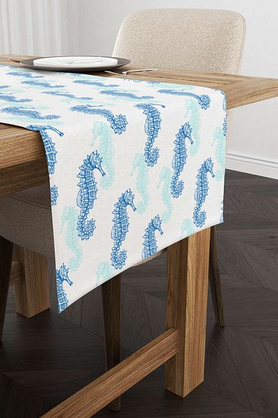 Cango Home Runner cu imprimare digitală cu model de căluți de mare cu tematică marin albastru și alb Cgh629