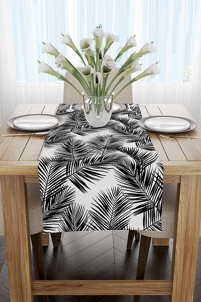 Cango Home Runner cu model frunze tropicale alb negru - Cgh027-rn