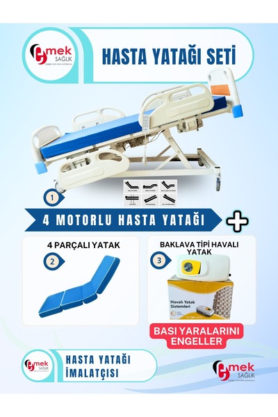 emek sağlık 4 Motorlu Full ABS Hasta Karyolası + 4 Parçalı Yatak + Baklava Ti...