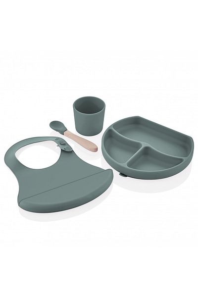 Babyjem Set diversificare 4 piese BabyJem: bavetica, farfurie, lingurita si pahar (Culoare: Latte)