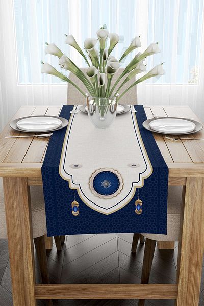 Cango Home Navy Blue White Ramadan Themed Decorative Patterned Digital Printed Runner Cgh1314-rn