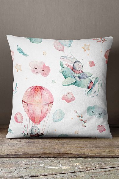INSENSE HOME Husă de pernă pentru copii din catifea Babyface, roz turcoaz, cu model de balon, elicopter - Cgh014