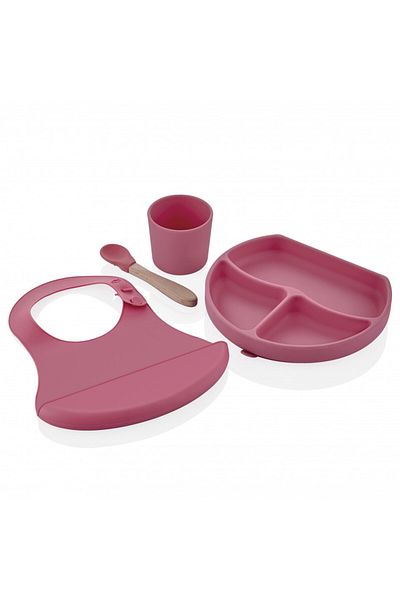 Babyjem Set diversificare 4 piese din silicon BabyJem: bavetica, farfurie, lingurita si pahar (Culoare: Roz)