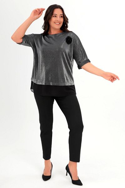 SERTUĞ Trend42Plus Plus Size Black Blouse with Glitter Flower Brooch