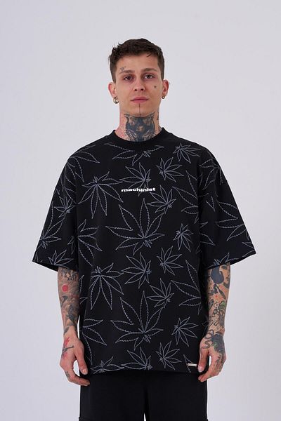 Machinist Men's Cannabis Leaf Printed Oversize Black T-Shirt