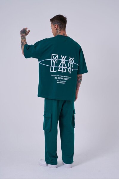 Machinist Men's Zipper Detail Printed Oversize Petrol Green T-Shirt