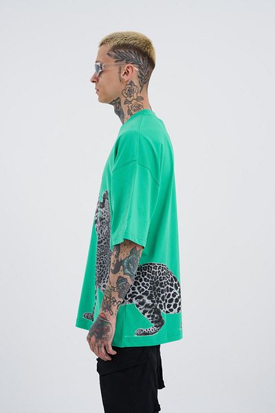 Machinist Ανδρικό μπλουζάκι με στάμπα Leopard Oversize ανοιχτό πράσινο