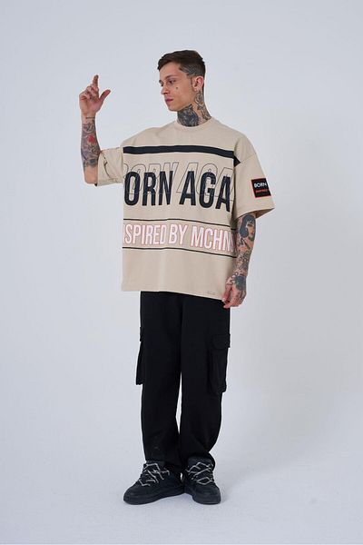 Machinist Ανδρικό μπλουζάκι Inspired By Machinist Printed Oversize Light Beige T-shirt