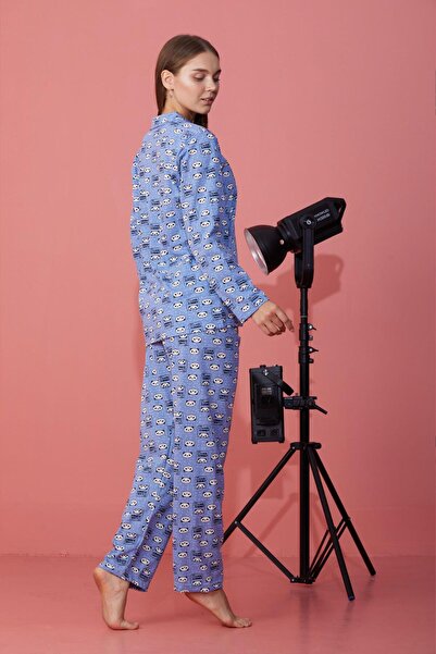 Genel Markalar Panda Desenli Düğmeli Mavi Pijama Takımı
