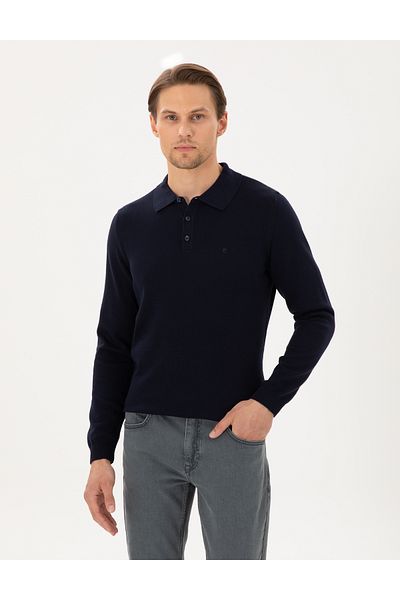 Pierre Cardin Navy Blue Slim Fit Polo Neck Basic Knitwear Sweater 50296584-Vr033