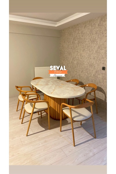 SEVAL AKSESUAR PTT Krem Mermer Masa + Yılan Sandalye Takımı