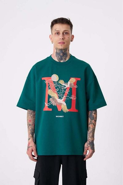 Machinist Ανδρικό μπλουζάκι Crane Bird με στάμπα Oversize Petrol Green