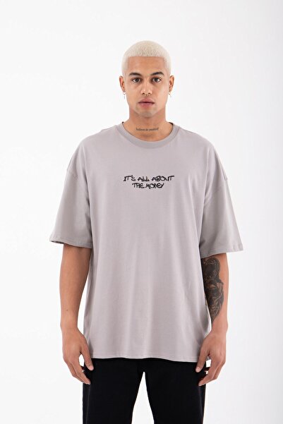 Machinist Ανδρικό μπλουζάκι Panda Rich με τύπωμα Cotton oversized ανοιχτό γκρι