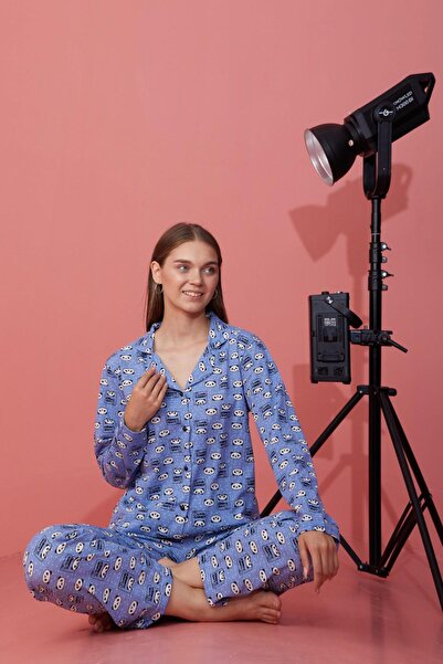 Genel Markalar Panda Desenli Düğmeli Mavi Pijama Takımı