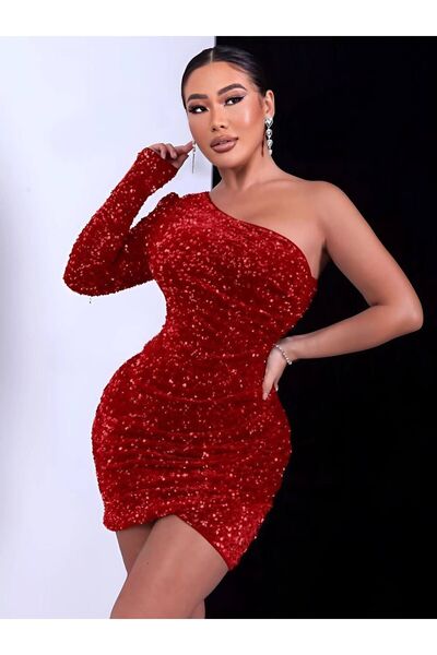 eBaa fashıon PUL PAYETLİ TEK KOL MİNİ ELBİSE