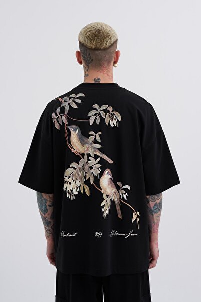 Machinist Ανδρικό μπλουζάκι με στάμπα πουλιού Oversize μαύρο