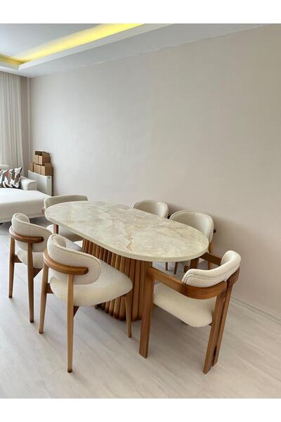 SEVAL AKSESUAR PTT Krem Mermer Masa + T, Polo Sandalye Takımı