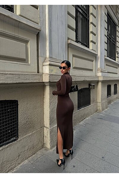 MY DEPO Γυναικείο φόρεμα με αγκράφα με γιακά με λεπτομέρεια στήθους με σκίσιμο μάξι