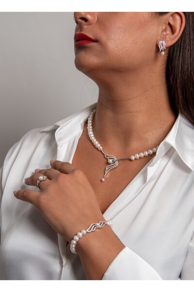 Sinemkacay 925 AYAR GÜMÜŞ RODYUM (BEYAZ ALTIN) KAPLAMA GERÇEK İNCİ SET