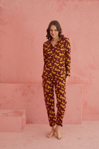 ELİTOL Burgundy Tiger Print Long Sleeve Knitted Front Button Pajamas Set