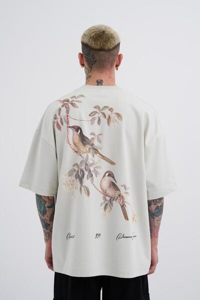 Machinist Tricou supradimensionat gri pentru bărbați - Imprimat cu păsări