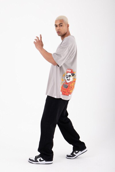 Machinist Ανδρικό μπλουζάκι Panda Rich με τύπωμα Cotton oversized ανοιχτό γκρι