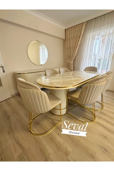 SEVAL AKSESUAR Krem Mermer Desen Polo Masa + Vizyon Sandalye Takımı