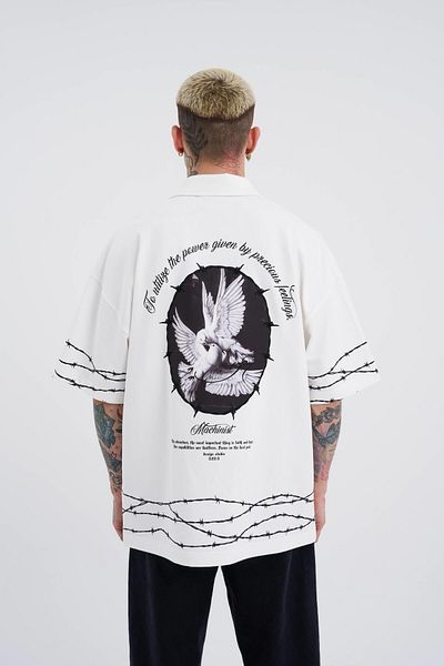Machinist Ανδρικό μπλουζάκι Barbed Wire Printed Ecru Oversize