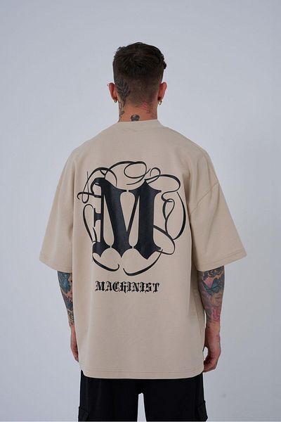 Machinist Tricou pentru bărbați cu gât înalt imprimat oversize bej deschis