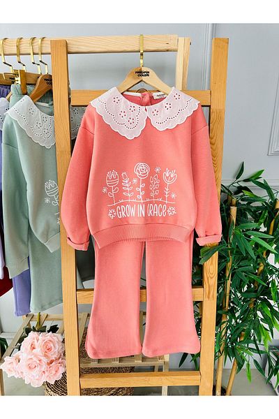Minigimin Cicileri Asymmetrical Rose Printed Guipure Collar My Baby's Flowers Suit for 3-6 Years Old Girls - Coral