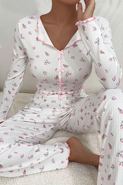 BELLA NOTTE V-Neck Printed Long Pajama Set with Bow Detail