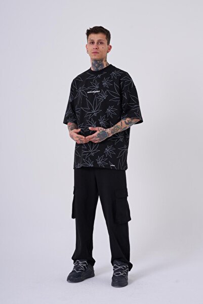 Machinist Ανδρικό μπλουζάκι με στάμπα με φύλλα κάνναβης, μαύρο μεγάλου μεγέθους