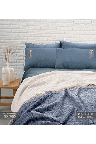 Müslin 230x240 - 240x260 Cm Çarşafli, 2 Yastık Kılıflı Çift Kişilik Yatak Örtüsü Seti