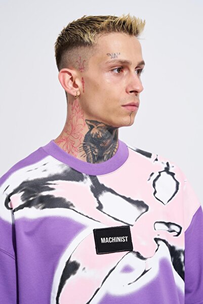 Machinist Ανδρικό μπλουζάκι με στάμπα Lotus Flower Oversize Μωβ