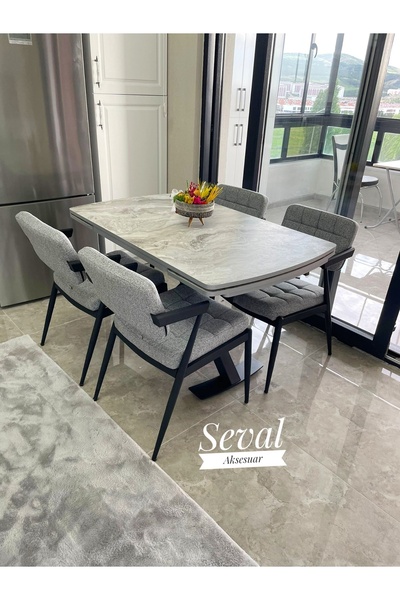 SEVAL AKSESUAR Gri Mermer Gold Masa + Klas Sandalye Takımı