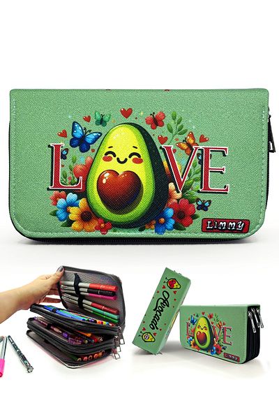 Limmy Avocado Love Kawai Organizer - Vegan Δερμάτινη μολυβοθήκη, Τρία Διαμερίσματα - Μαύρο