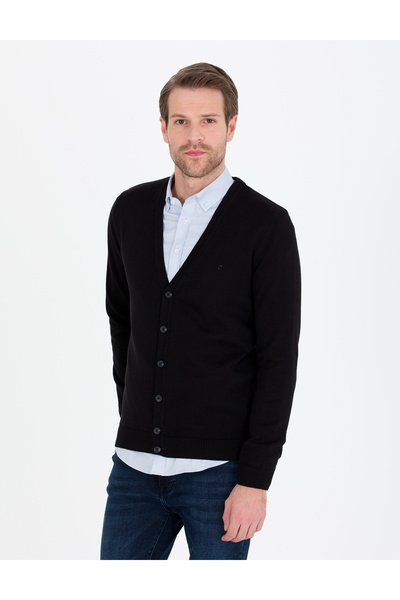 Pierre Cardin Black Slim Fit Basic Buttoned Knitwear Cardigan 50260806-Vr046