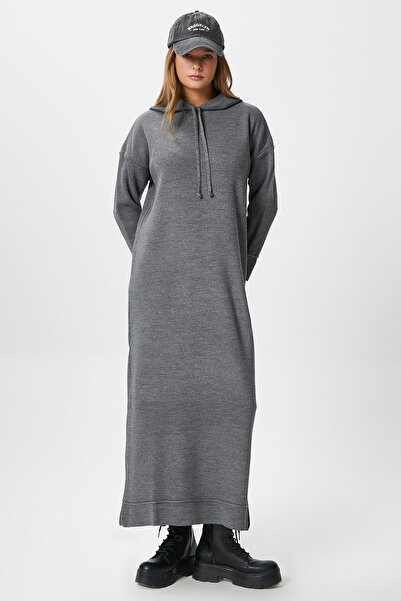 Ritnice Γυναικείο φόρεμα με κουκούλα καπνιστό μακρύ πλεκτό