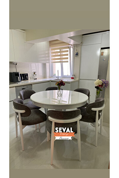 SEVAL AKSESUAR Beyaz Yuvarlak Açılır Masa + Polo Sandalye Takımı
