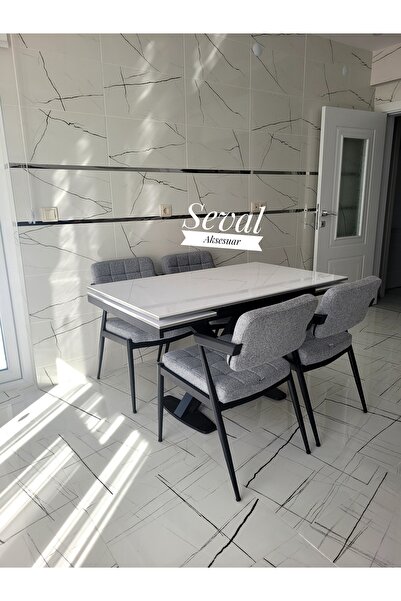 SEVAL AKSESUAR Beyaz X Masa + Klas Sandalye Takımı