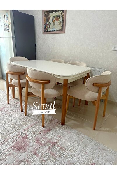 SEVAL AKSESUAR Krem Talha Masa + Polo Sandalye Takımı