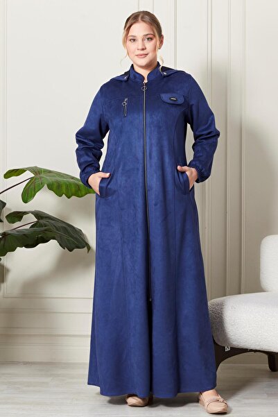 Ferace Plus Size Hijab Suede Hooded Top Coat - Chest Zippered