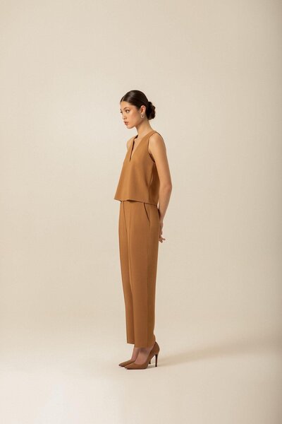 rue Crepe Textured Wide Cut Camel Trousers