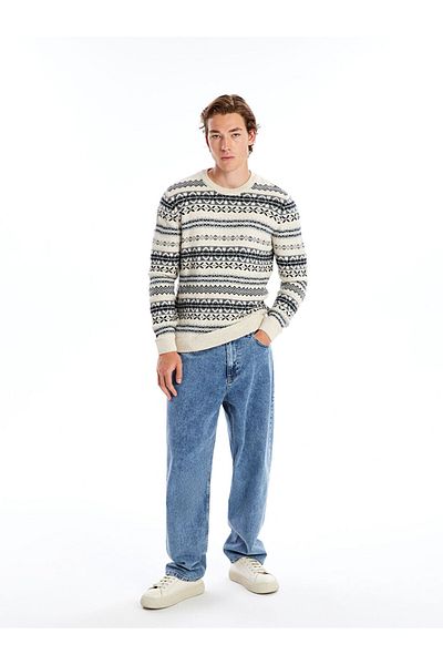LC Waikiki Casual Beige Melange Crew Neck Long Sleeve Patterned Men's Knitwear Sweater